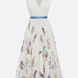 Modinzi Midi dress Women’s Pleated Midi Dress – V-Neckline with Abstract Print and Satin Waist Tie