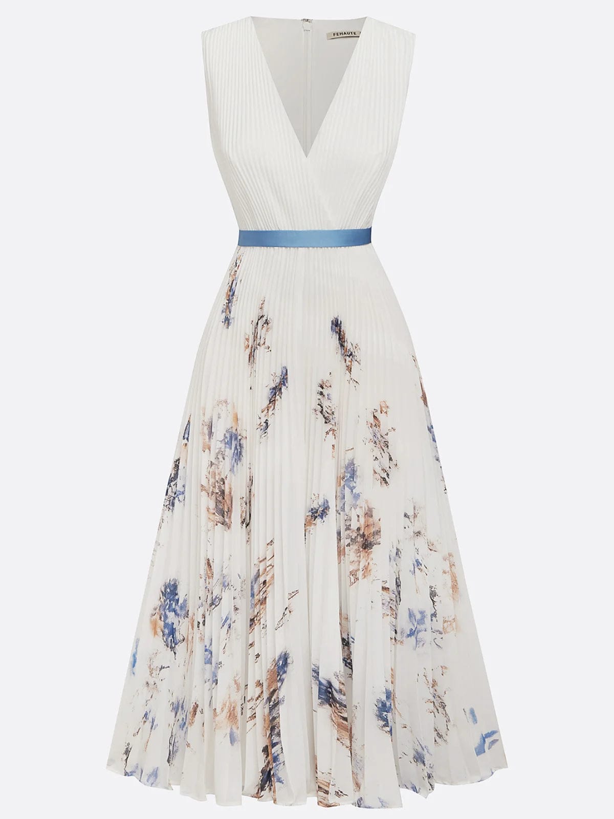 Modinzi Midi dress Women’s Pleated Midi Dress – V-Neckline with Abstract Print and Satin Waist Tie