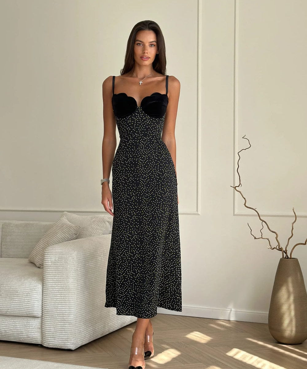 Modinzi Midi dress Black with white polka dots / 8 (S) Women’s Polka Dot Slip Midi Dress – Velvet Corset Bust Detail