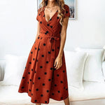Modinzi Midi dress Red / 8 (S) Women’s Polka Dot Wrap Midi Dress – Short Sleeve V-Neck Belted Dress