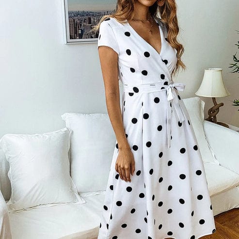 Modinzi Midi dress white / 8 (S) Women’s Polka Dot Wrap Midi Dress – Short Sleeve V-Neck Belted Dress