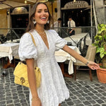 Modinzi Mini Dress White / 8 (S) Women’s Puff Sleeve Mini Dress – Embroidered Textured A-Line Silhouette