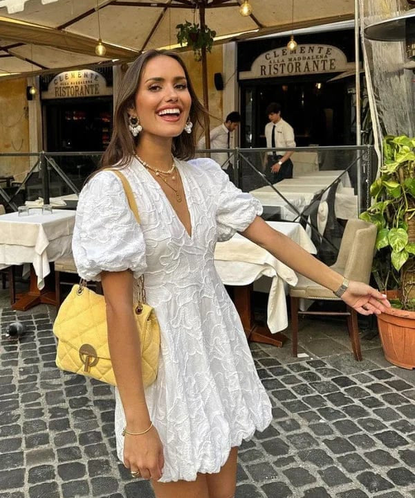 Modinzi Mini Dress White / 8 (S) Women’s Puff Sleeve Mini Dress – Embroidered Textured A-Line Silhouette