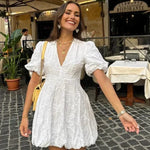 Modinzi Mini Dress Women’s Puff Sleeve Mini Dress – Embroidered Textured A-Line Silhouette