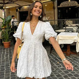 Modinzi Mini Dress Women’s Puff Sleeve Mini Dress – Embroidered Textured A-Line Silhouette