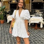 Modinzi Mini Dress Women’s Puff Sleeve Mini Dress – Embroidered Textured A-Line Silhouette