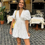 Modinzi Mini Dress Women’s Puff Sleeve Mini Dress – Embroidered Textured A-Line Silhouette