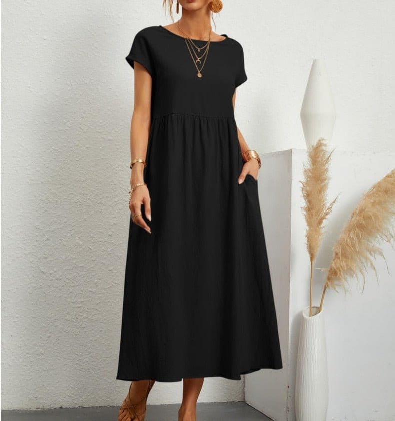 Modinzi Midi dress black / 8 (S) Women’s Relaxed Cotton Midi Dress – Short Sleeve Casual Flowy Fit
