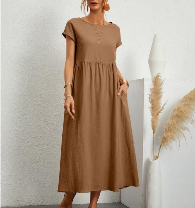 Modinzi Midi dress Brown / 8 (S) Women’s Relaxed Cotton Midi Dress – Short Sleeve Casual Flowy Fit