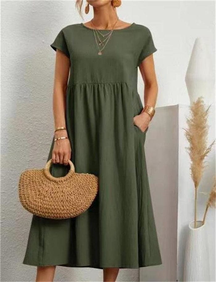 Modinzi Midi dress Green / 8 (S) Women’s Relaxed Cotton Midi Dress – Short Sleeve Casual Flowy Fit