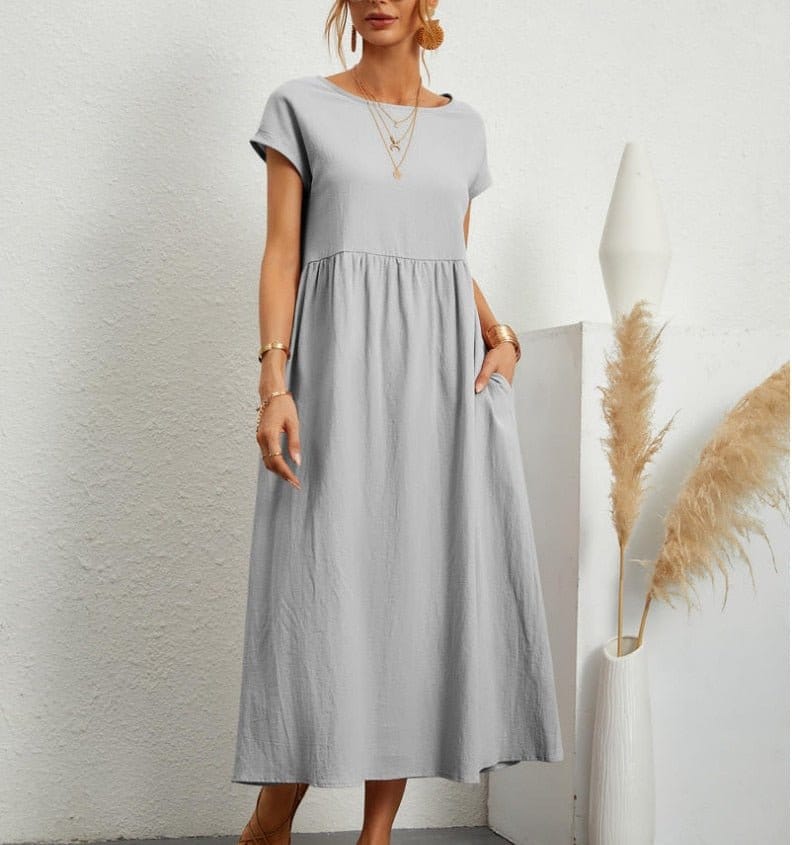 Modinzi Midi dress Grey / 8 (S) Women’s Relaxed Cotton Midi Dress – Short Sleeve Casual Flowy Fit