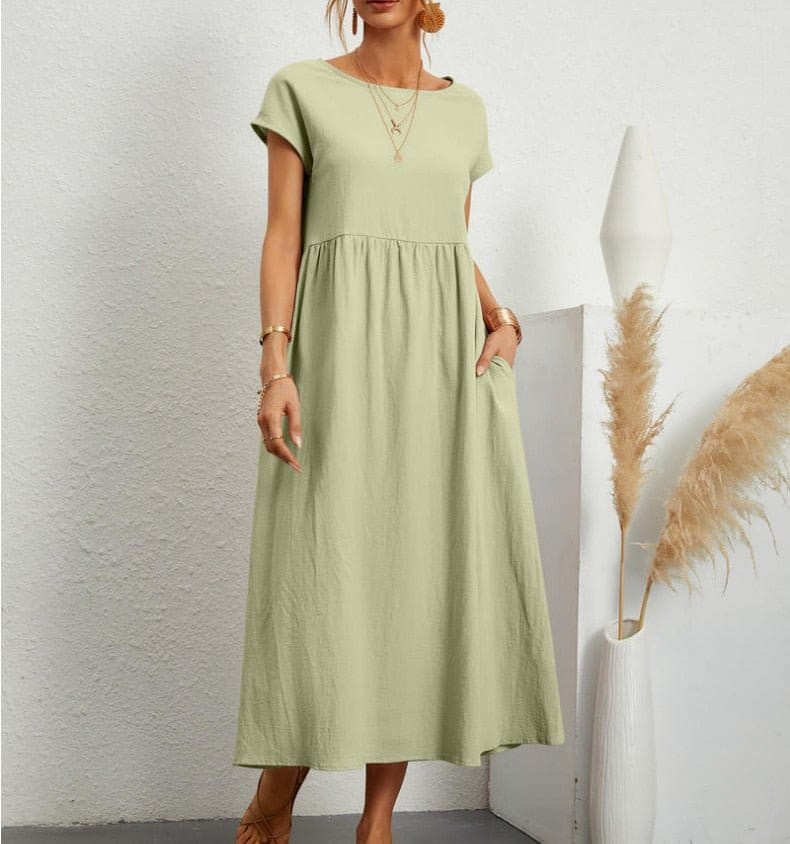 Modinzi Midi dress Light Green / 8 (S) Women’s Relaxed Cotton Midi Dress – Short Sleeve Casual Flowy Fit