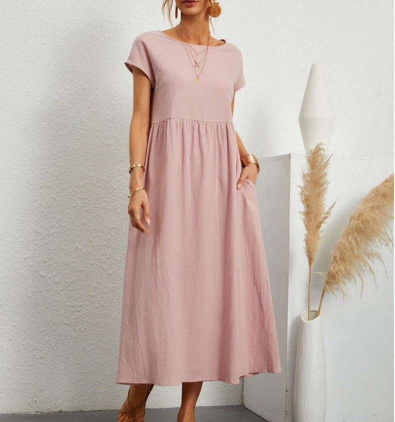 Modinzi Midi dress Pink / 8 (S) Women’s Relaxed Cotton Midi Dress – Short Sleeve Casual Flowy Fit