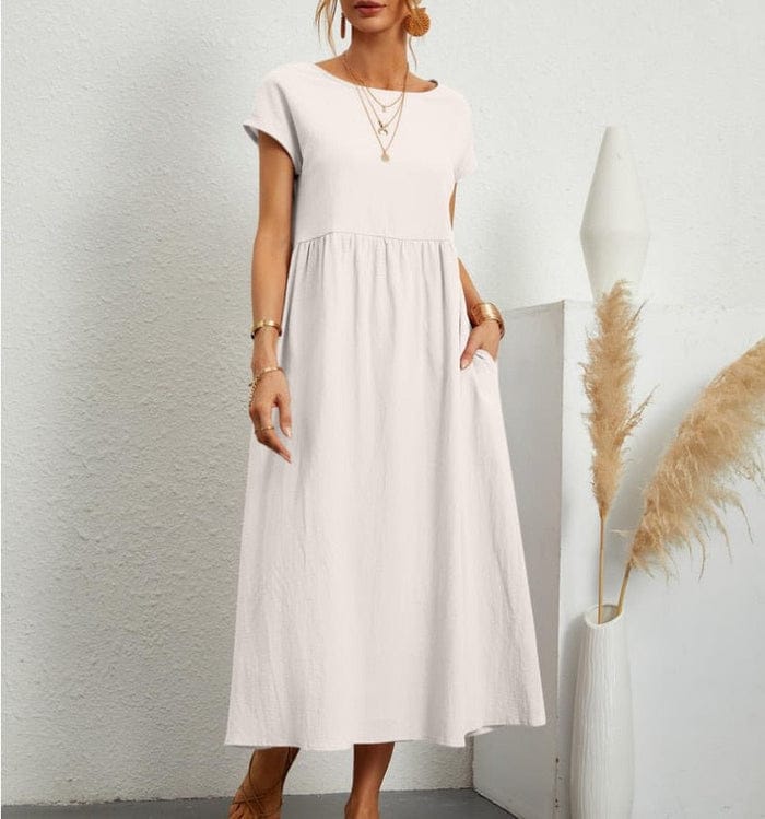 Modinzi Midi dress White / 8 (S) Women’s Relaxed Cotton Midi Dress – Short Sleeve Casual Flowy Fit