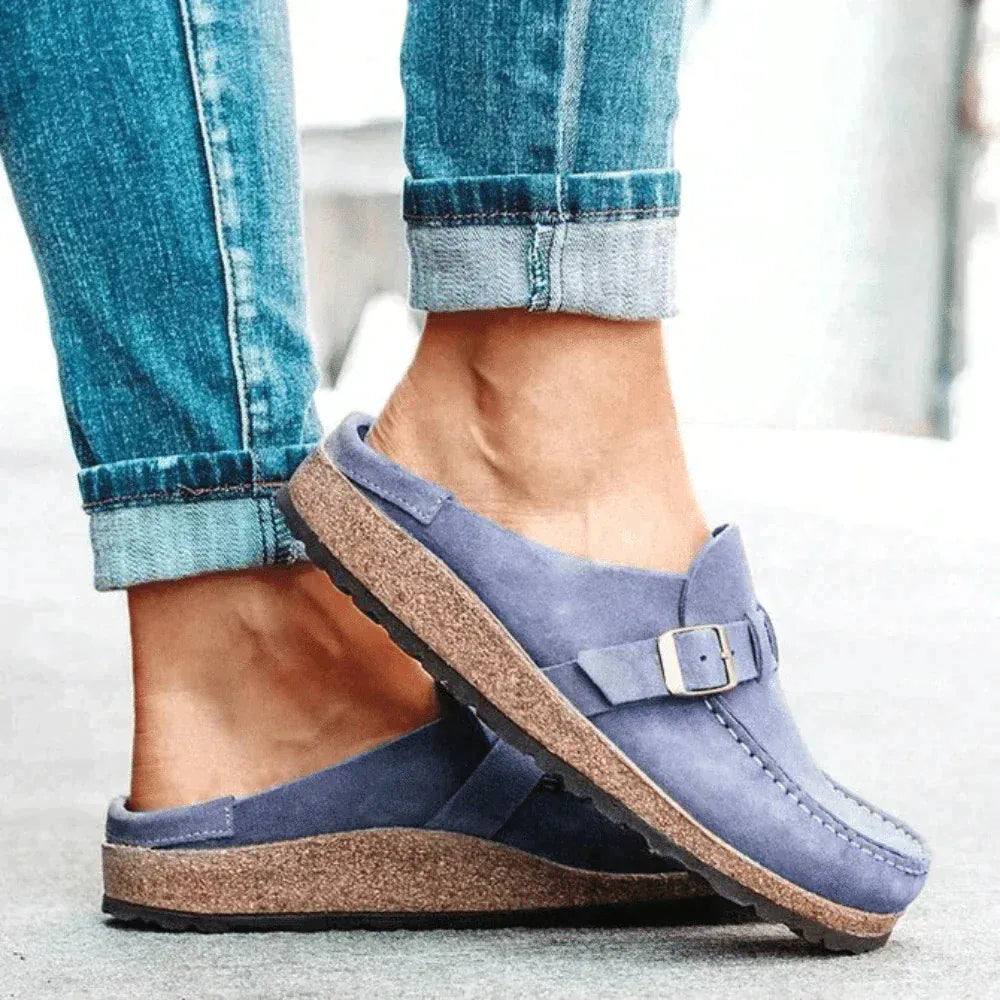 Modinzi clogs Women’s Retro Suede Slip-On Loafers with Buckle Detail – Casual Comfort Clogs