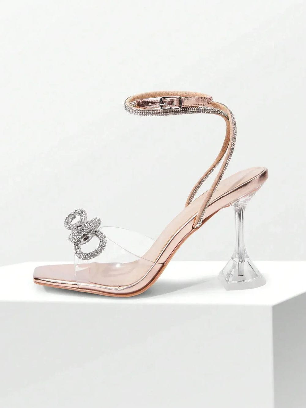 Modinzi Heels Beige / 5,5 Women’s Rhinestone Bow Ankle Strap Sandals – Clear Heel Elegant Party Heels