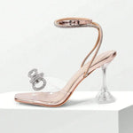 Modinzi Heels Beige / 5,5 Women’s Rhinestone Bow Ankle Strap Sandals – Clear Heel Elegant Party Heels