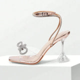 Modinzi Heels Beige / 5,5 Women’s Rhinestone Bow Ankle Strap Sandals – Clear Heel Elegant Party Heels