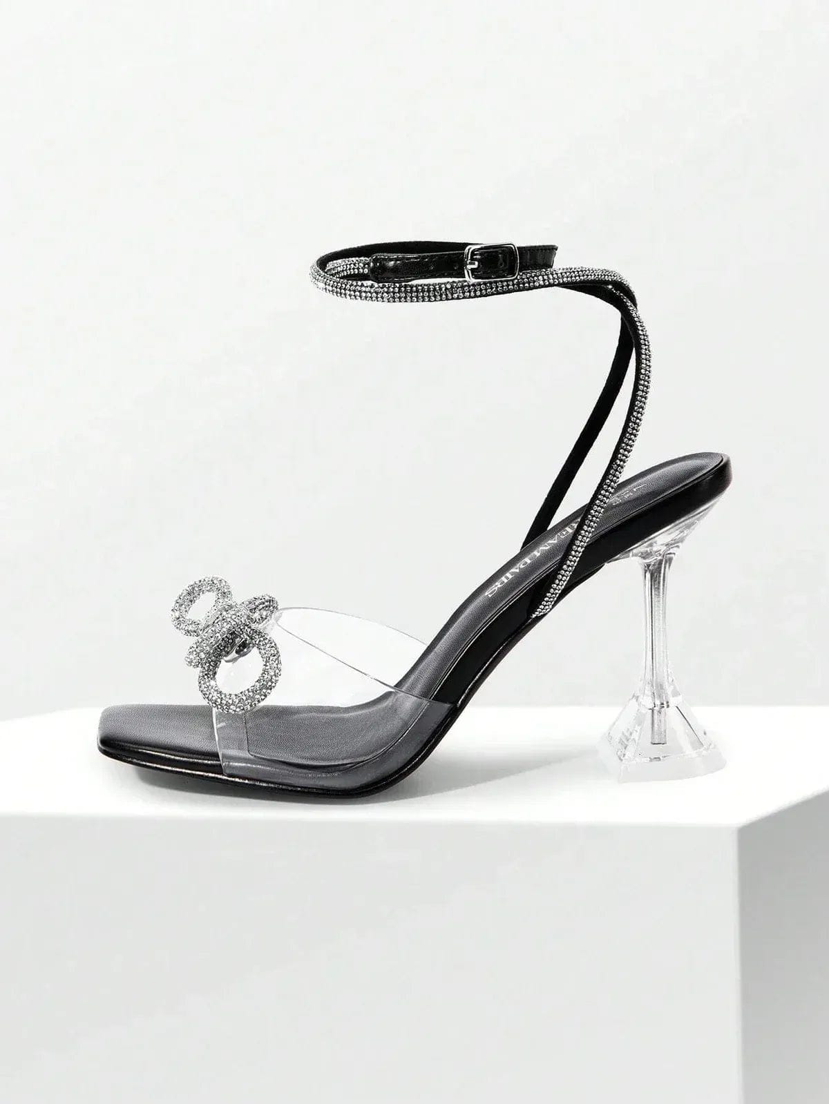 Modinzi Heels black / 5,5 Women’s Rhinestone Bow Ankle Strap Sandals – Clear Heel Elegant Party Heels