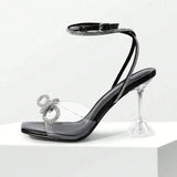 Modinzi Heels black / 5,5 Women’s Rhinestone Bow Ankle Strap Sandals – Clear Heel Elegant Party Heels