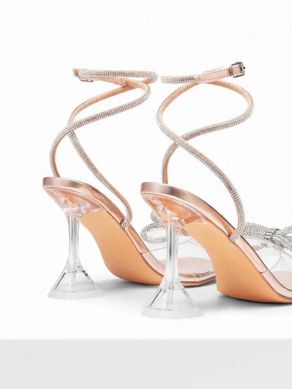 Modinzi Heels Women’s Rhinestone Bow Ankle Strap Sandals – Clear Heel Elegant Party Heels