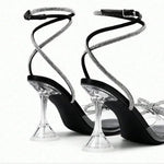 Modinzi Heels Women’s Rhinestone Bow Ankle Strap Sandals – Clear Heel Elegant Party Heels