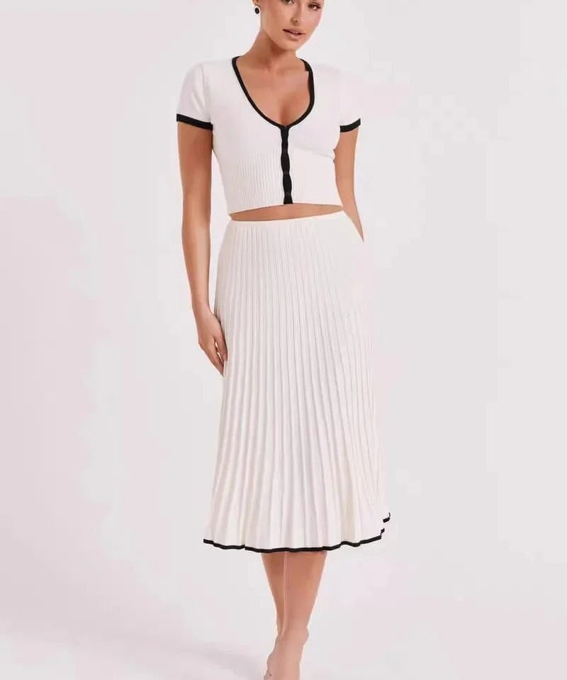 Modinzi Sets White Midi / 8 (S) Women’s Ribbed Two-Piece Set – Short Sleeve Button Crop Top & Pleated Midi Skirt