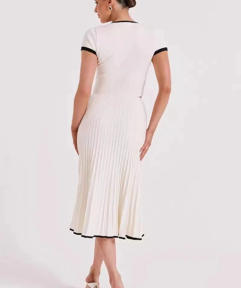 Modinzi Sets Women’s Ribbed Two-Piece Set – Short Sleeve Button Crop Top & Pleated Midi Skirt