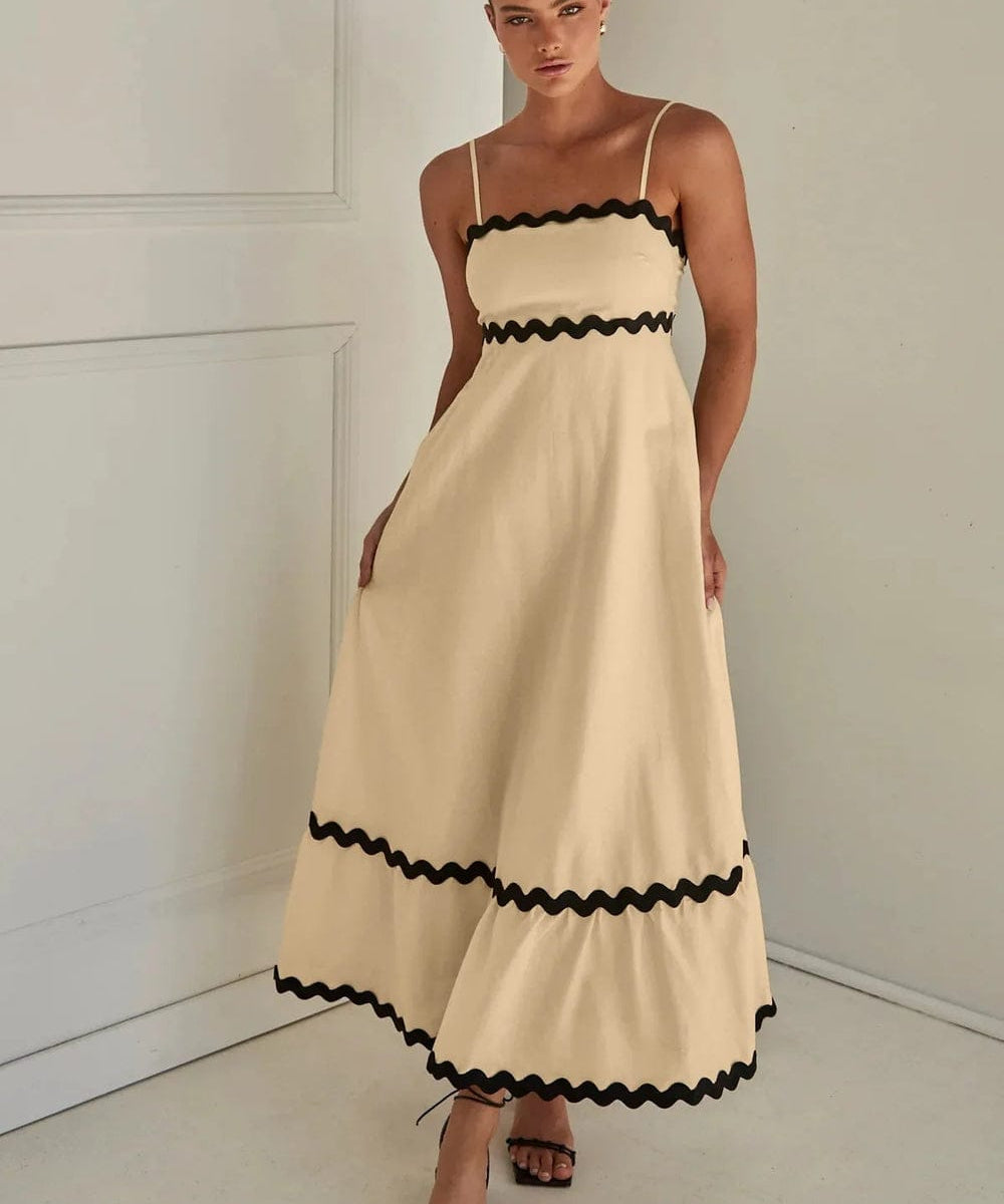 Modinzi Maxi dress Beige / 8 (S) Women's Ruffle Trim Maxi Dress – Tiered Spaghetti Strap Sundress