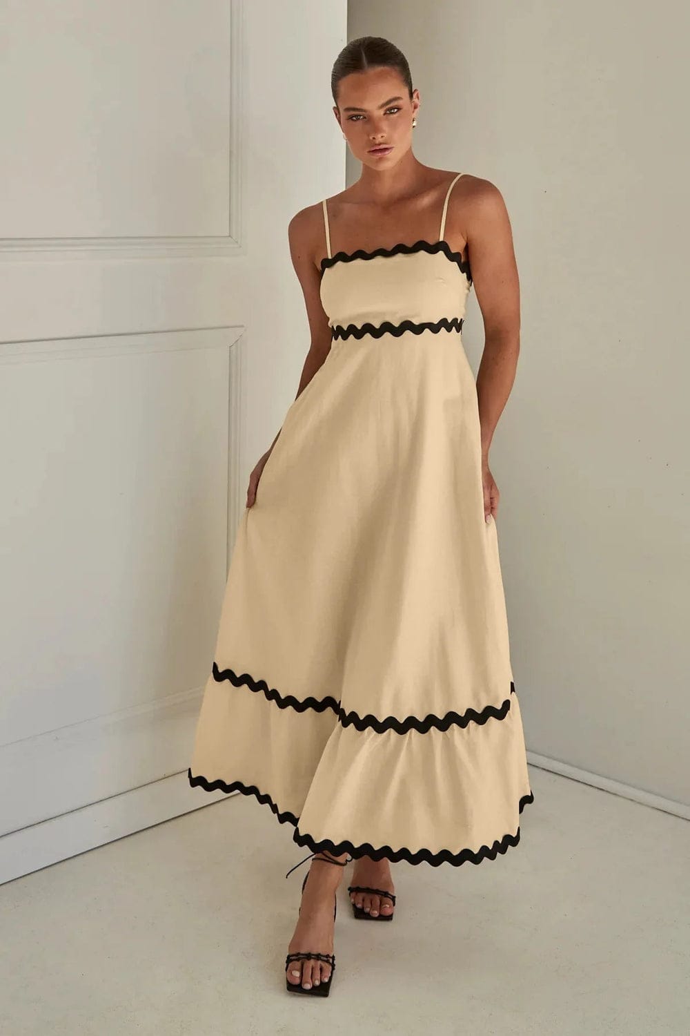 Modinzi Maxi dress Beige / 8 (S) Women's Ruffle Trim Maxi Dress – Tiered Spaghetti Strap Sundress