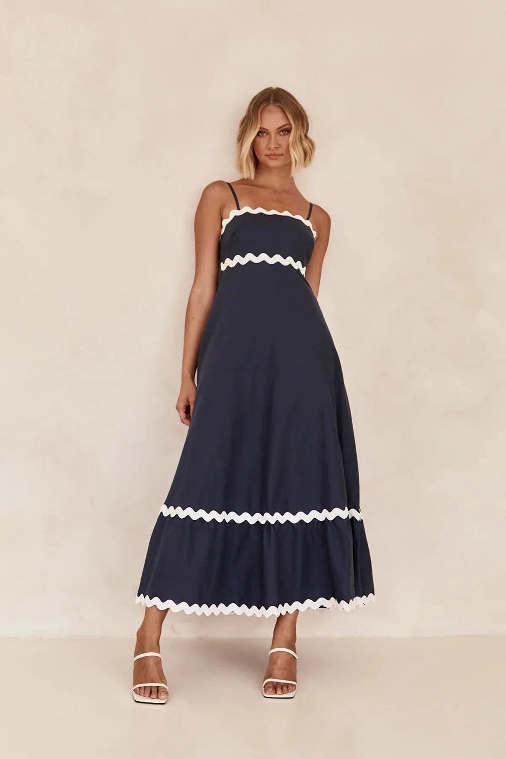 Modinzi Maxi dress Navy / 8 (S) Women's Ruffle Trim Maxi Dress – Tiered Spaghetti Strap Sundress