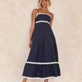 Modinzi Maxi dress Navy / 8 (S) Women's Ruffle Trim Maxi Dress – Tiered Spaghetti Strap Sundress