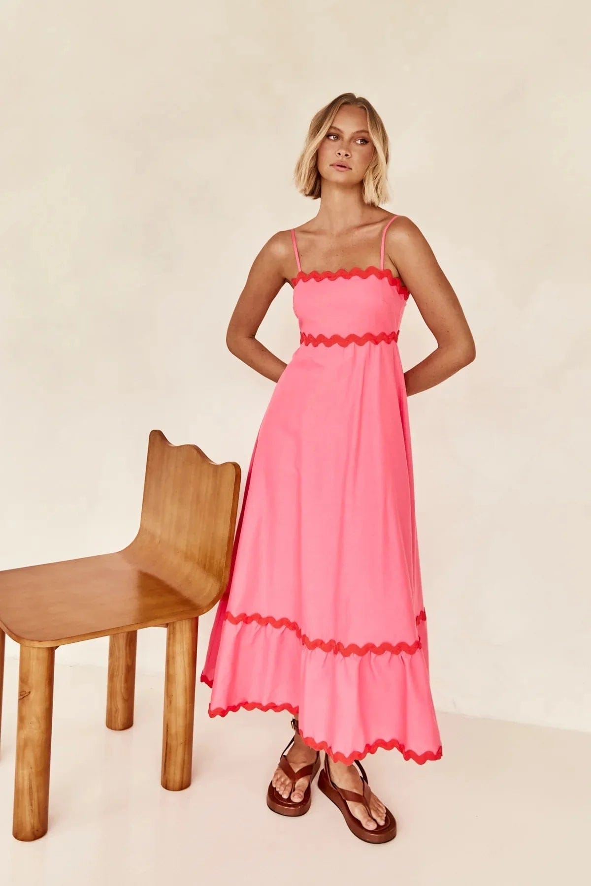 Modinzi Maxi dress Pink / 8 (S) Women's Ruffle Trim Maxi Dress – Tiered Spaghetti Strap Sundress