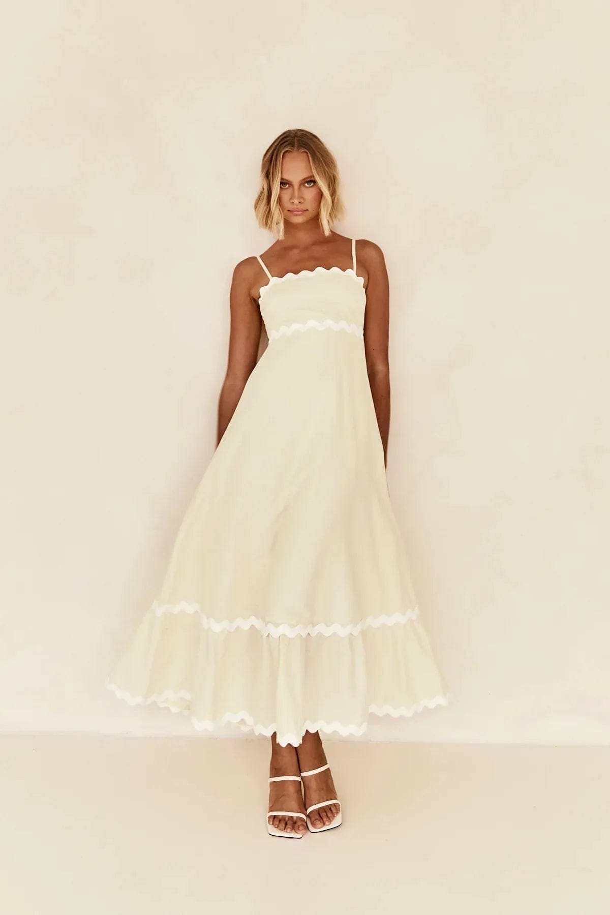 Modinzi Maxi dress white / 8 (S) Women's Ruffle Trim Maxi Dress – Tiered Spaghetti Strap Sundress