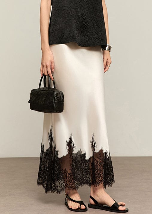 Modinzi skirt white / 8 (S) Women’s Satin Midi Skirt with Lace Hem – Elegant Contrast Detail Slip Skirt