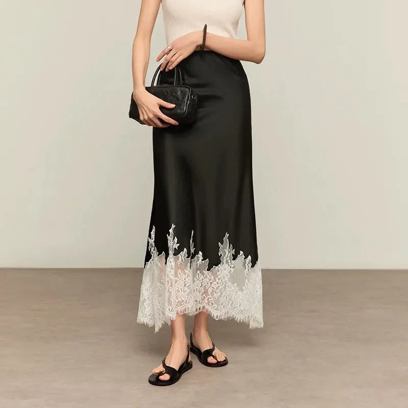 Modinzi skirt Women’s Satin Midi Skirt with Lace Hem – Elegant Contrast Detail Slip Skirt