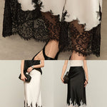 Modinzi skirt Women’s Satin Midi Skirt with Lace Hem – Elegant Contrast Detail Slip Skirt