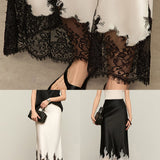 Modinzi skirt Women’s Satin Midi Skirt with Lace Hem – Elegant Contrast Detail Slip Skirt