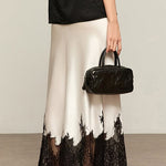 Modinzi skirt Women’s Satin Midi Skirt with Lace Hem – Elegant Contrast Detail Slip Skirt