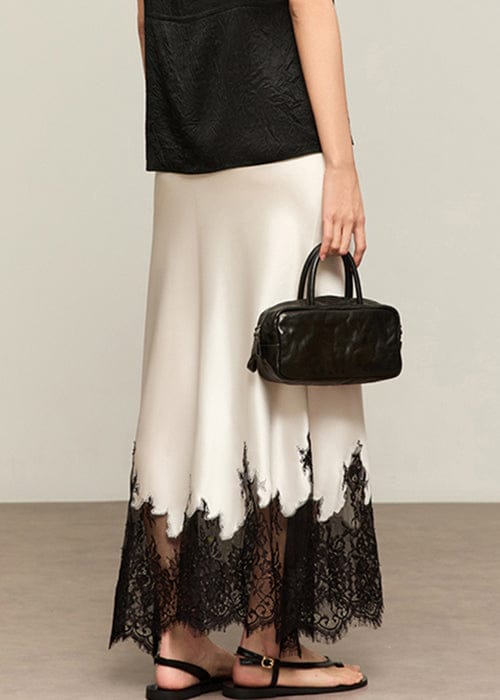 Modinzi skirt Women’s Satin Midi Skirt with Lace Hem – Elegant Contrast Detail Slip Skirt