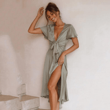 Modinzi Midi dress Sage Green / 8 (S) Women’s Satin Tie-Front Midi Dress – Flutter Sleeve Wrap Silhouette