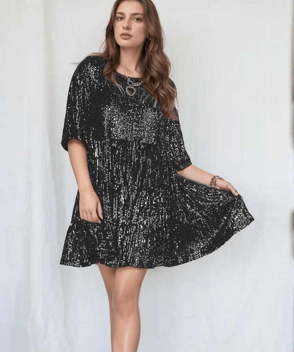Modinzi Mini Dress black / 8 (S) Women’s Sequin Babydoll Mini Dress – Sparkly A-Line Party Dress with Half Sleeves