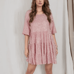 Modinzi Mini Dress Pink / 8 (S) Women’s Sequin Babydoll Mini Dress – Sparkly A-Line Party Dress with Half Sleeves
