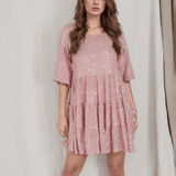 Modinzi Mini Dress Pink / 8 (S) Women’s Sequin Babydoll Mini Dress – Sparkly A-Line Party Dress with Half Sleeves