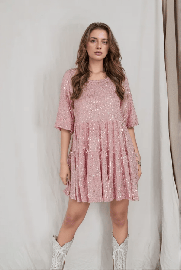 Modinzi Mini Dress Pink / 8 (S) Women’s Sequin Babydoll Mini Dress – Sparkly A-Line Party Dress with Half Sleeves