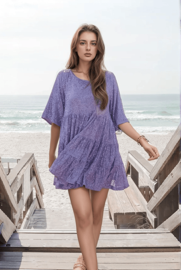 Modinzi Mini Dress Purple / 8 (S) Women’s Sequin Babydoll Mini Dress – Sparkly A-Line Party Dress with Half Sleeves