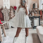 Modinzi Mini Dress White / 8 (S) Women’s Sequin Babydoll Mini Dress – Sparkly A-Line Party Dress with Half Sleeves