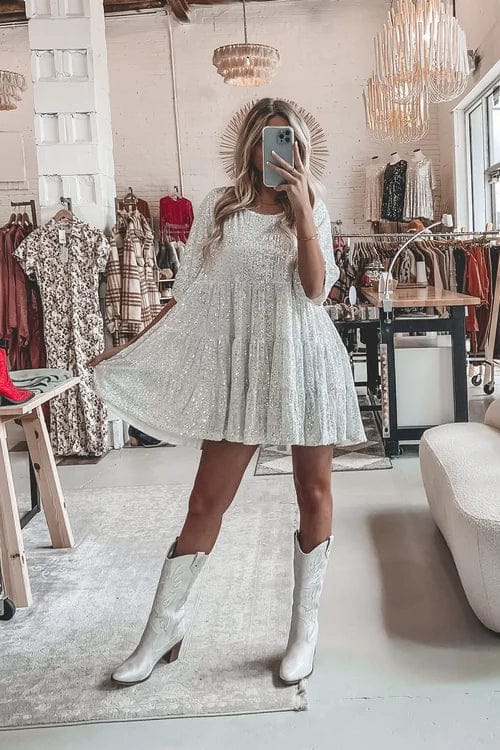 Modinzi Mini Dress White / 8 (S) Women’s Sequin Babydoll Mini Dress – Sparkly A-Line Party Dress with Half Sleeves