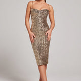 Modinzi Midi dress Gold / 8 (S) Women’s Sequin Bodycon Midi Dress – Chain Strap Detail