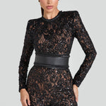 Modinzi jumpsuit Black / 8 (S) Women’s Sequin Lace Jumpsuit – Long Sleeve Sheer Floral Embellished Jumpsuit with Waist Belt